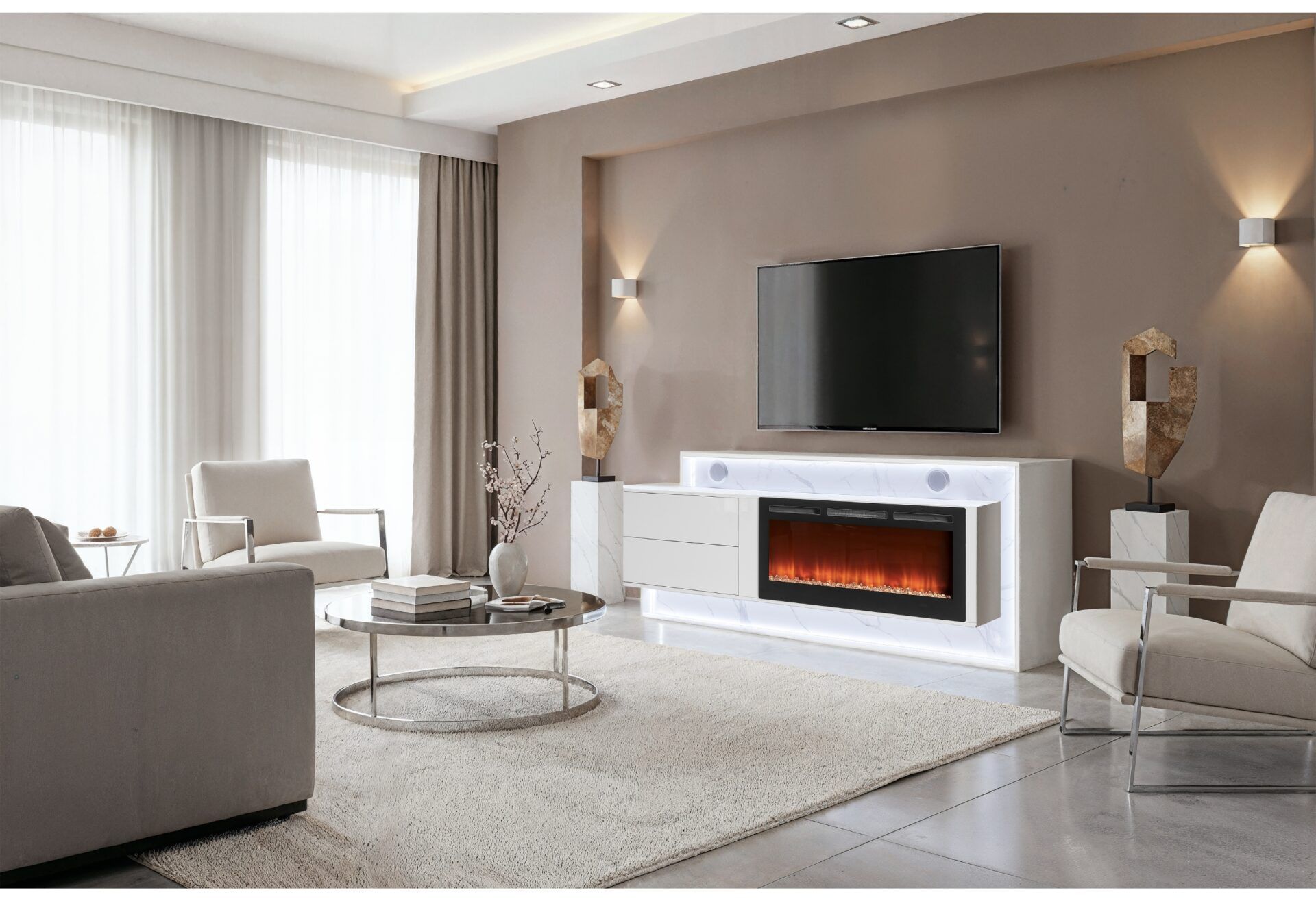 KIRA - 87" FIREPLACE TV STAND WITH BLUETOOTH SPEAKERS AND LED