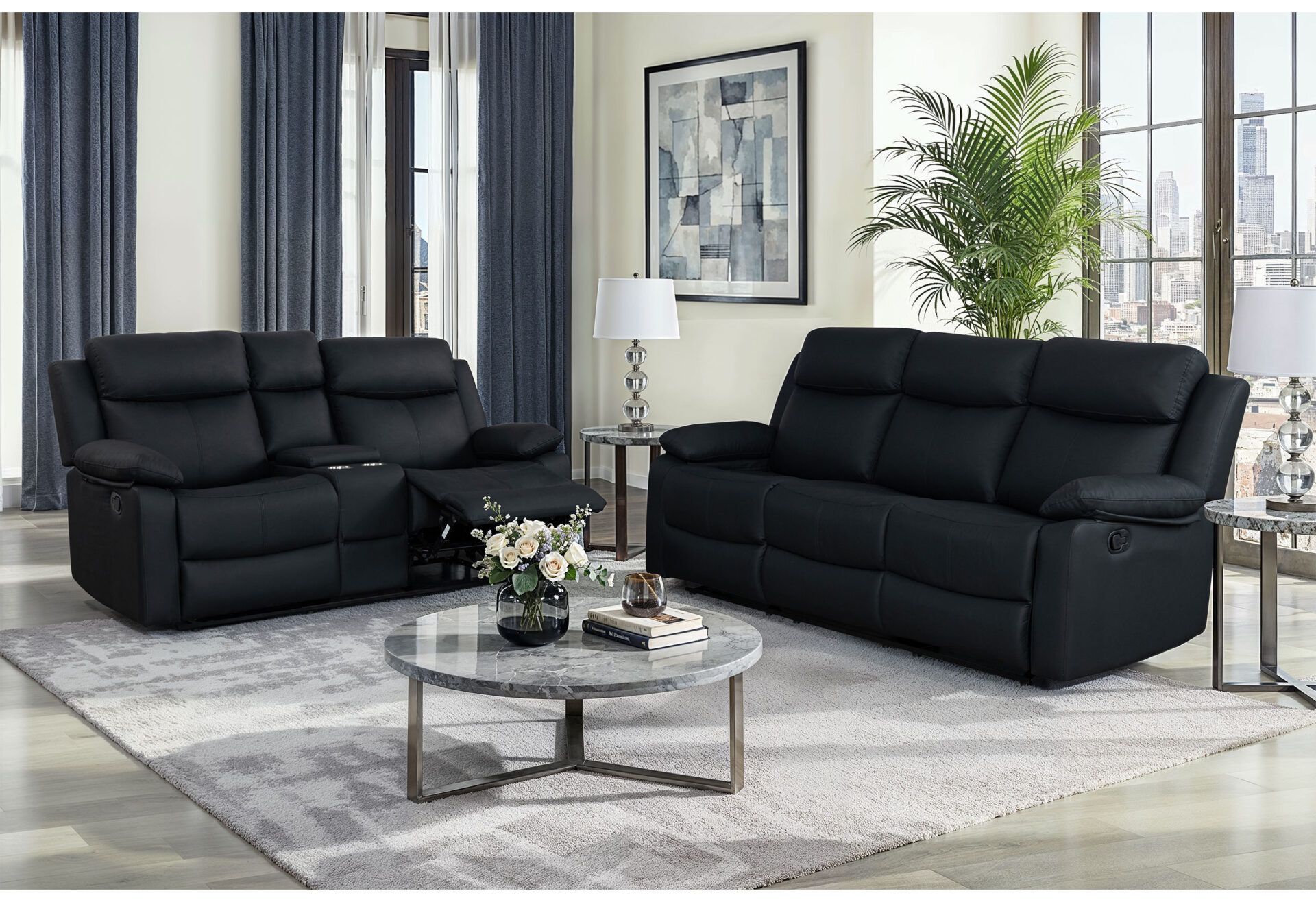 U6026-BLACK - 2-PC. RECLINING SOFA AND LOVE SEAT SET
